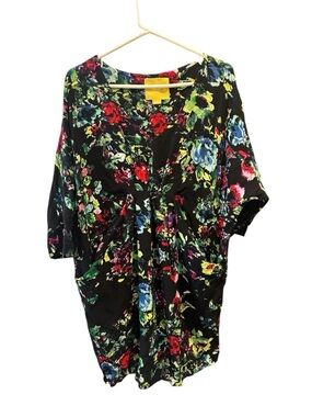 Maeve Black Floral V-Neck Tunic with Multicolor Blossoms